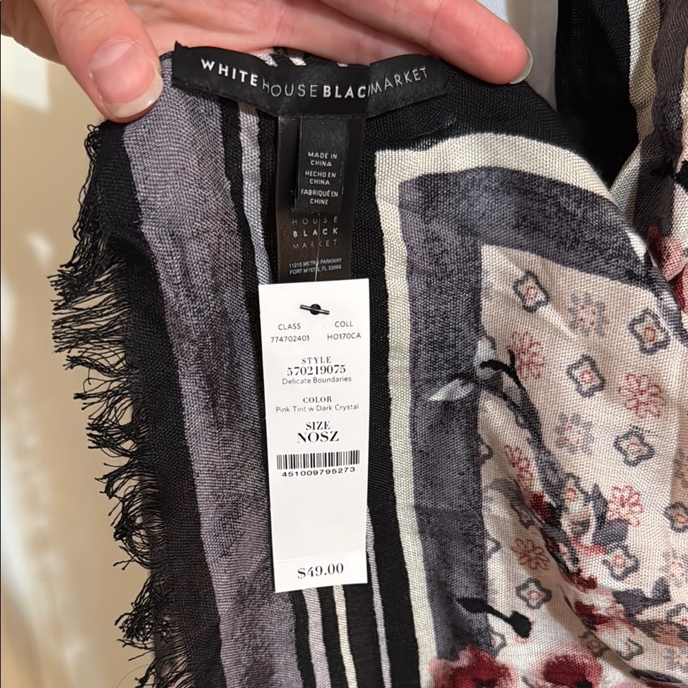 White House Black Market Cherry Blossom Floral Scarf in Black, Grey and Pink - Picture 2 of 9